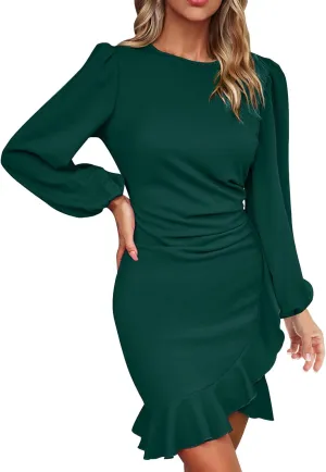 JOAU Women's Elegant Formal Cocktail Party Mini Dress Puff Long Sleeve Crew Neck Slim Fit Irregular Ruffle Hem Slit Dresses