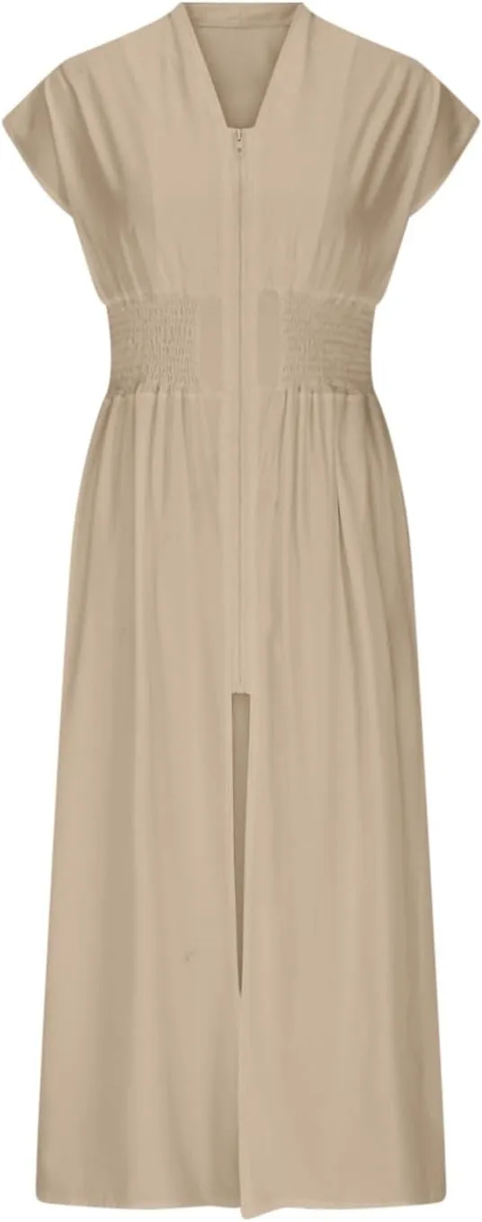 JOAU Womens Summer Casual V Neck Cap Sleeve Dress Smocked Elastic Waist Zipper Front Flowy Pleated Midi Dresses with Pockets
