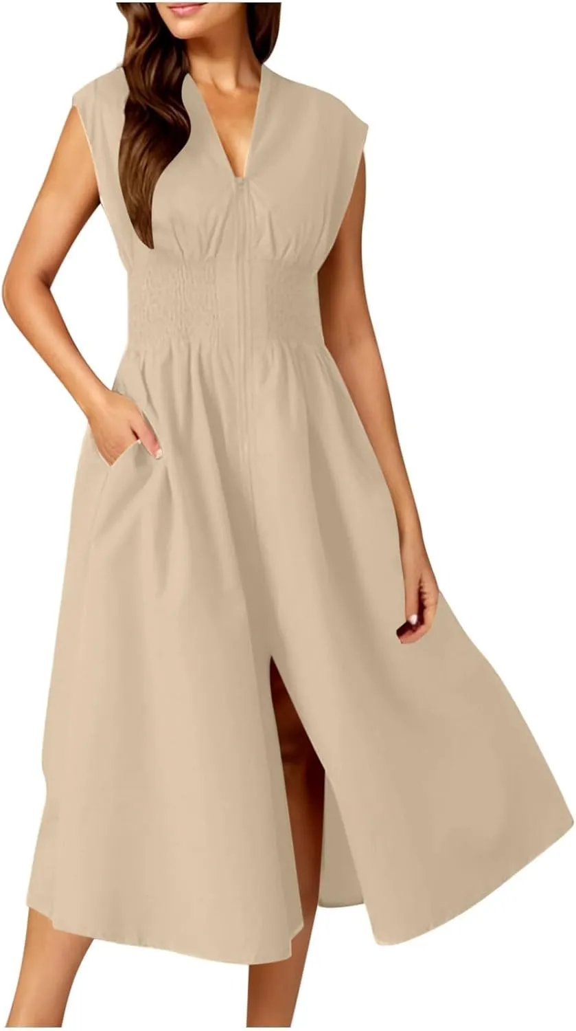 JOAU Womens Summer Casual V Neck Cap Sleeve Dress Smocked Elastic Waist Zipper Front Flowy Pleated Midi Dresses with Pockets