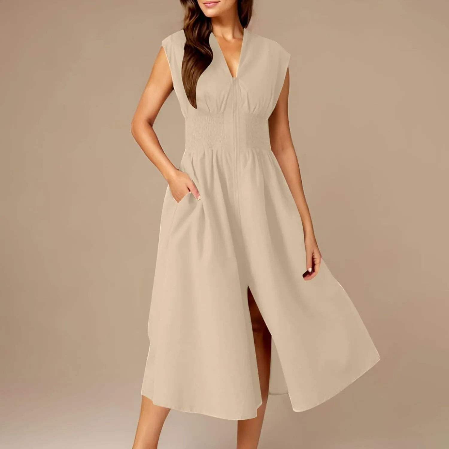 JOAU Womens Summer Casual V Neck Cap Sleeve Dress Smocked Elastic Waist Zipper Front Flowy Pleated Midi Dresses with Pockets