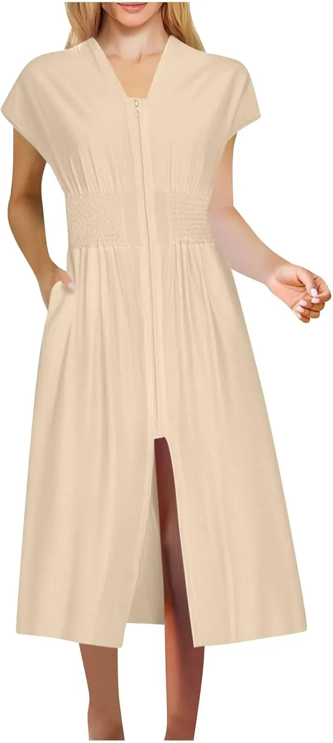 JOAU Womens Summer Casual V Neck Cap Sleeve Dress Smocked Elastic Waist Zipper Front Flowy Pleated Midi Dresses with Pockets