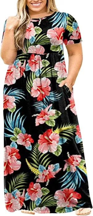 Kancystore Women's Short Sleeve Plus Size Maxi Dress with Pockets Loose Casual Summer Dresses