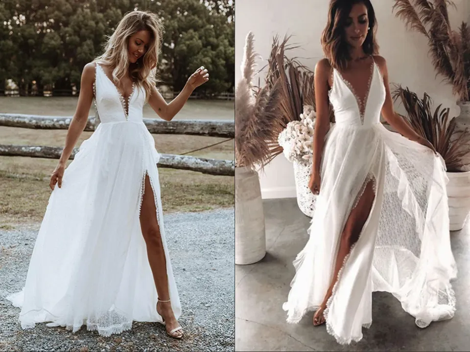 Kateprom Boho Chiffon A line V neck Lace Spaghetti Straps Beach Wedding Dresses KPW0668