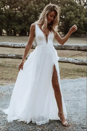 Kateprom Boho Chiffon A line V neck Lace Spaghetti Straps Beach Wedding Dresses KPW0668