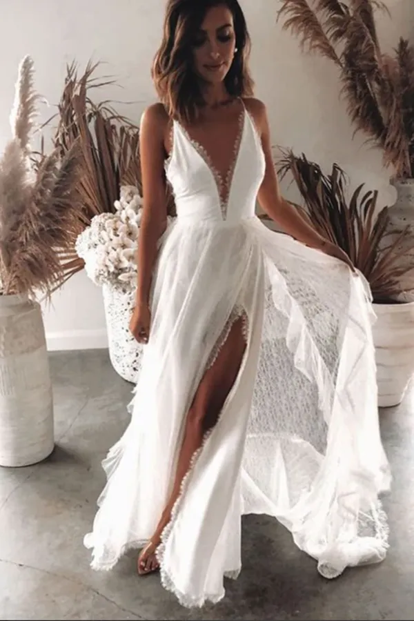 Kateprom Boho Chiffon A line V neck Lace Spaghetti Straps Beach Wedding Dresses KPW0668