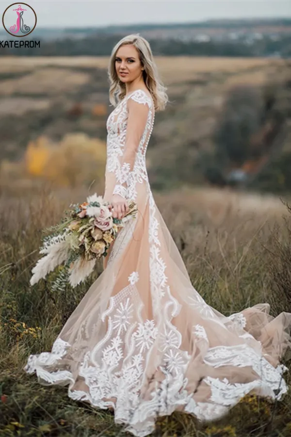 Kateprom Boho Wedding Dress With Nude Underlay Tulle Lace Applique Wedding Dress Bridal Gown KPW0621