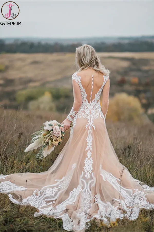 Kateprom Boho Wedding Dress With Nude Underlay Tulle Lace Applique Wedding Dress Bridal Gown KPW0621