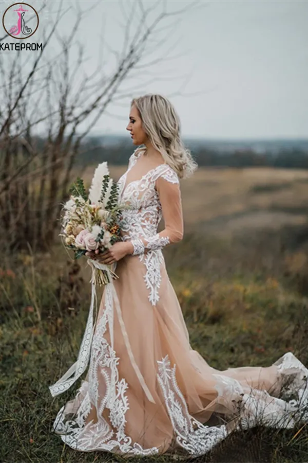 Kateprom Boho Wedding Dress With Nude Underlay Tulle Lace Applique Wedding Dress Bridal Gown KPW0621