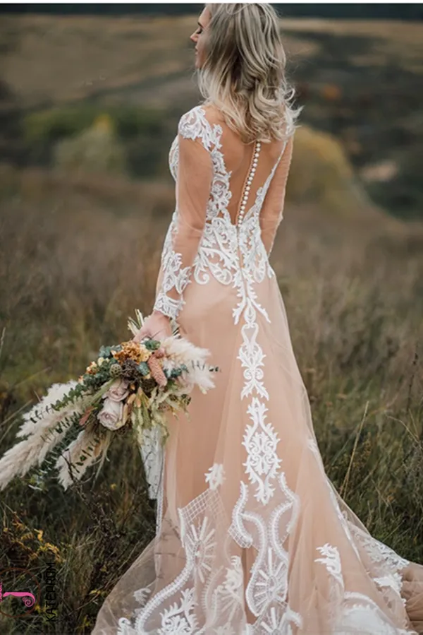 Kateprom Boho Wedding Dress With Nude Underlay Tulle Lace Applique Wedding Dress Bridal Gown KPW0621