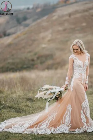 Kateprom Boho Wedding Dress With Nude Underlay Tulle Lace Applique Wedding Dress Bridal Gown KPW0621
