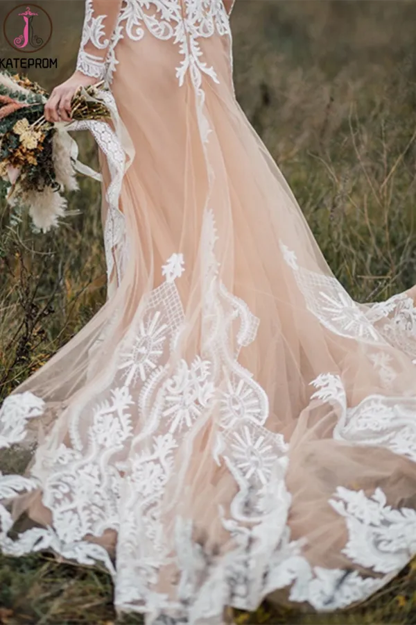 Kateprom Boho Wedding Dress With Nude Underlay Tulle Lace Applique Wedding Dress Bridal Gown KPW0621