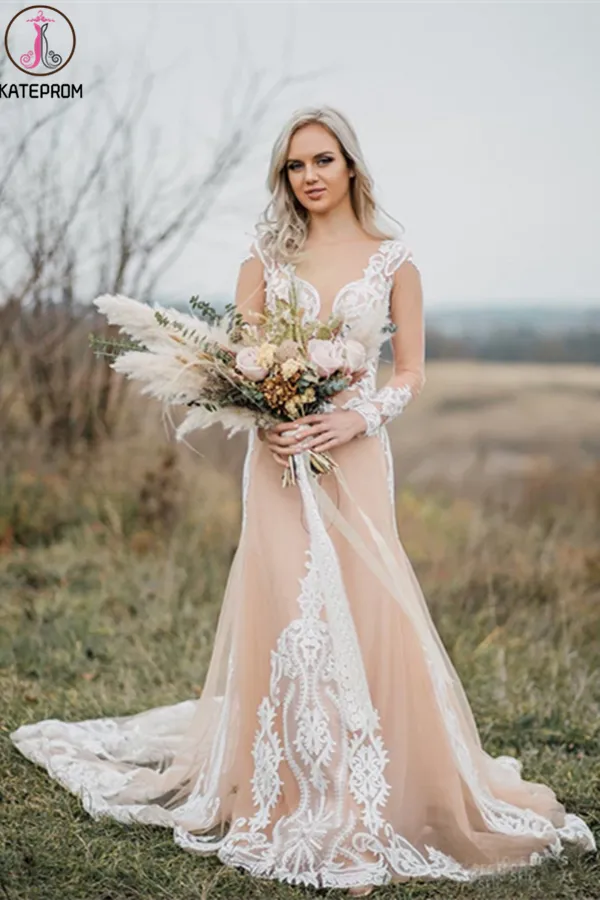 Kateprom Boho Wedding Dress With Nude Underlay Tulle Lace Applique Wedding Dress Bridal Gown KPW0621