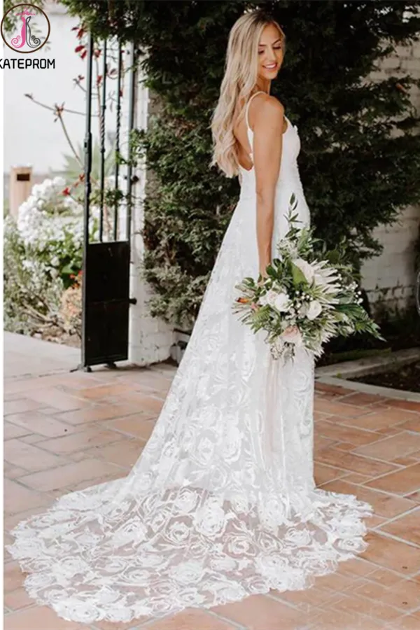 Kateprom Rose Lace Sheath Wedding Dresses Spaghetti Strap Boho Beach Wedding Dress KPW0618