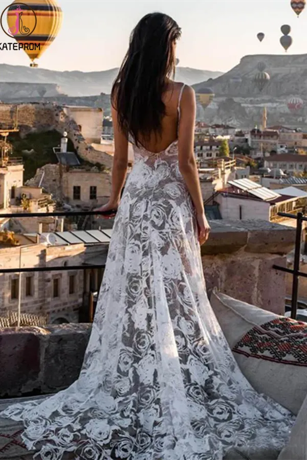 Kateprom Rose Lace Sheath Wedding Dresses Spaghetti Strap Boho Beach Wedding Dress KPW0618