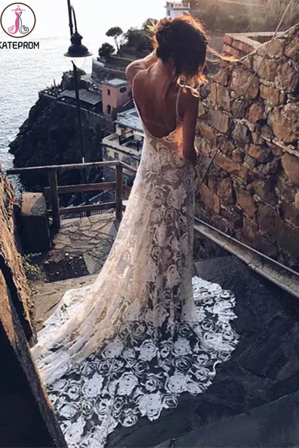 Kateprom Rose Lace Sheath Wedding Dresses Spaghetti Strap Boho Beach Wedding Dress KPW0618