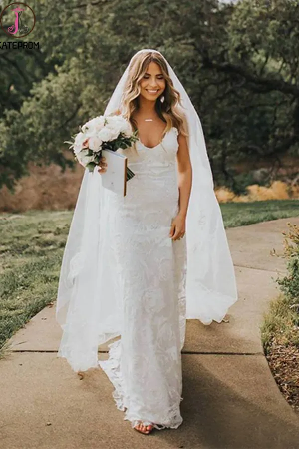 Kateprom Rose Lace Sheath Wedding Dresses Spaghetti Strap Boho Beach Wedding Dress KPW0618
