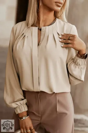 Khaki Crew Neck Gathered Stretch Cuff Shirt