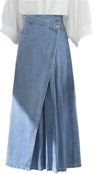 Korean Retro Long Maxi Denim Skirts High Waist Pockets Split Pleated Jeans Skirts