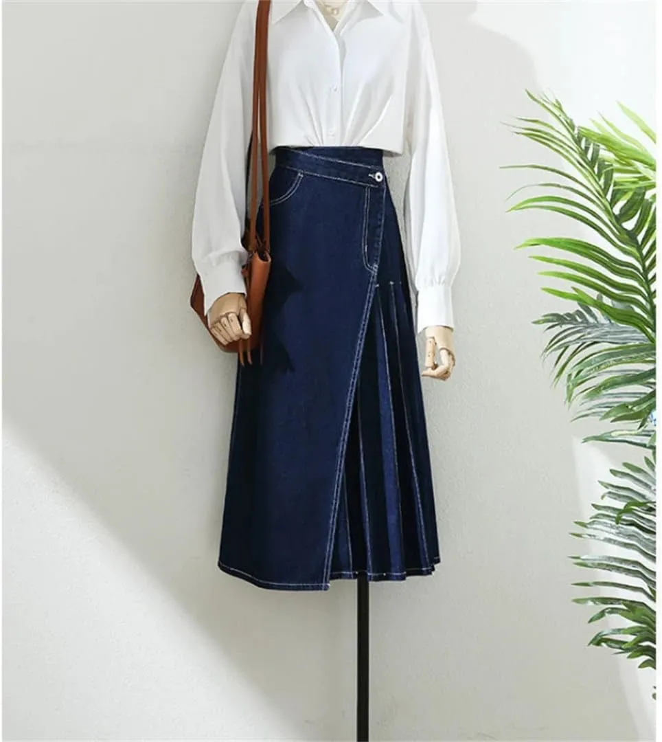 Korean Retro Long Maxi Denim Skirts High Waist Pockets Split Pleated Jeans Skirts