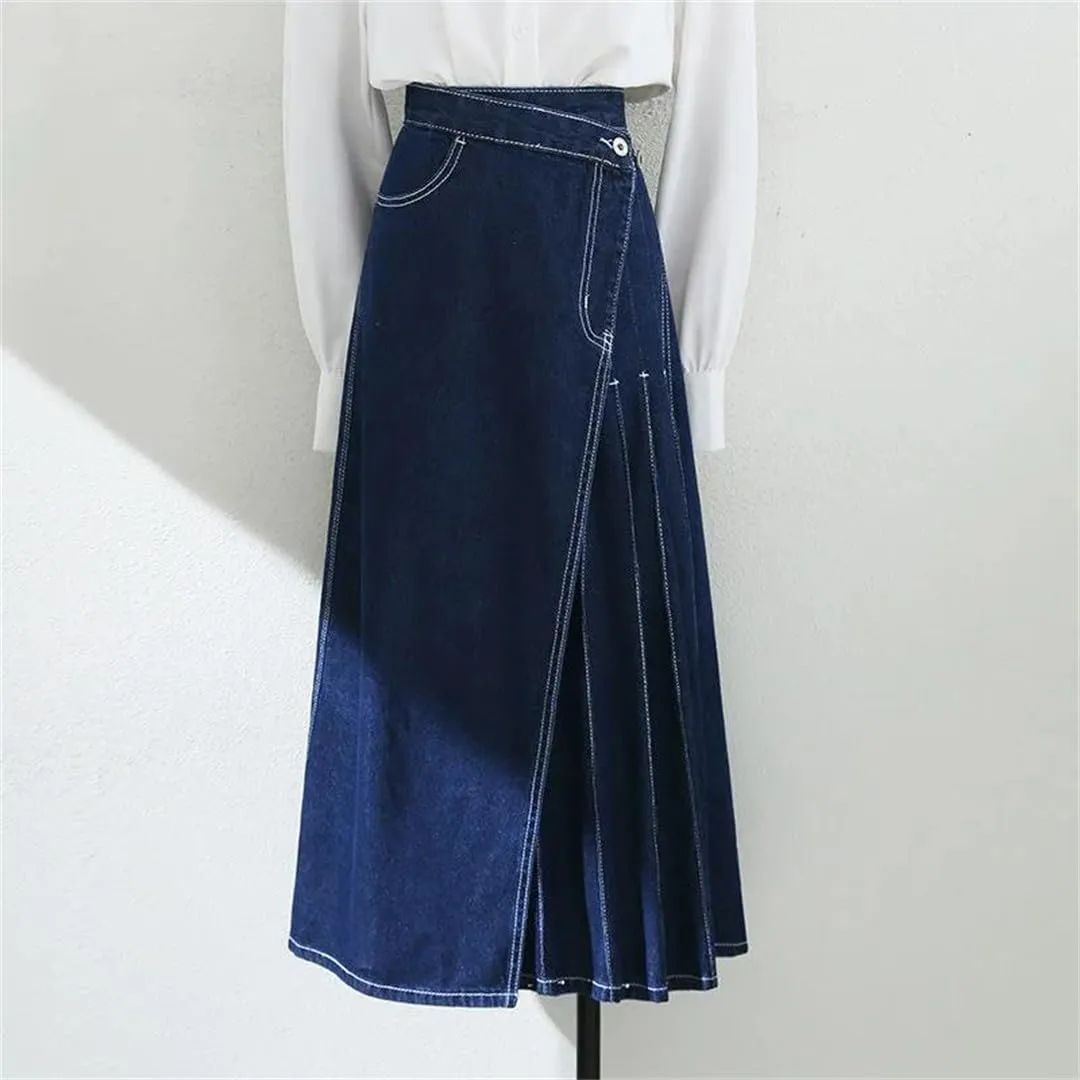 Korean Retro Long Maxi Denim Skirts High Waist Pockets Split Pleated Jeans Skirts