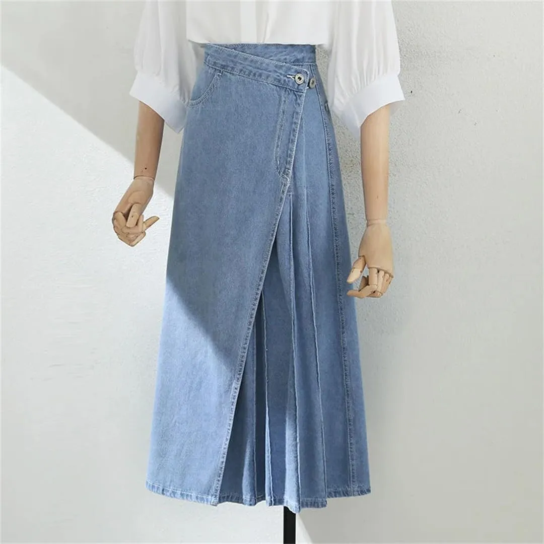 Korean Retro Long Maxi Denim Skirts High Waist Pockets Split Pleated Jeans Skirts