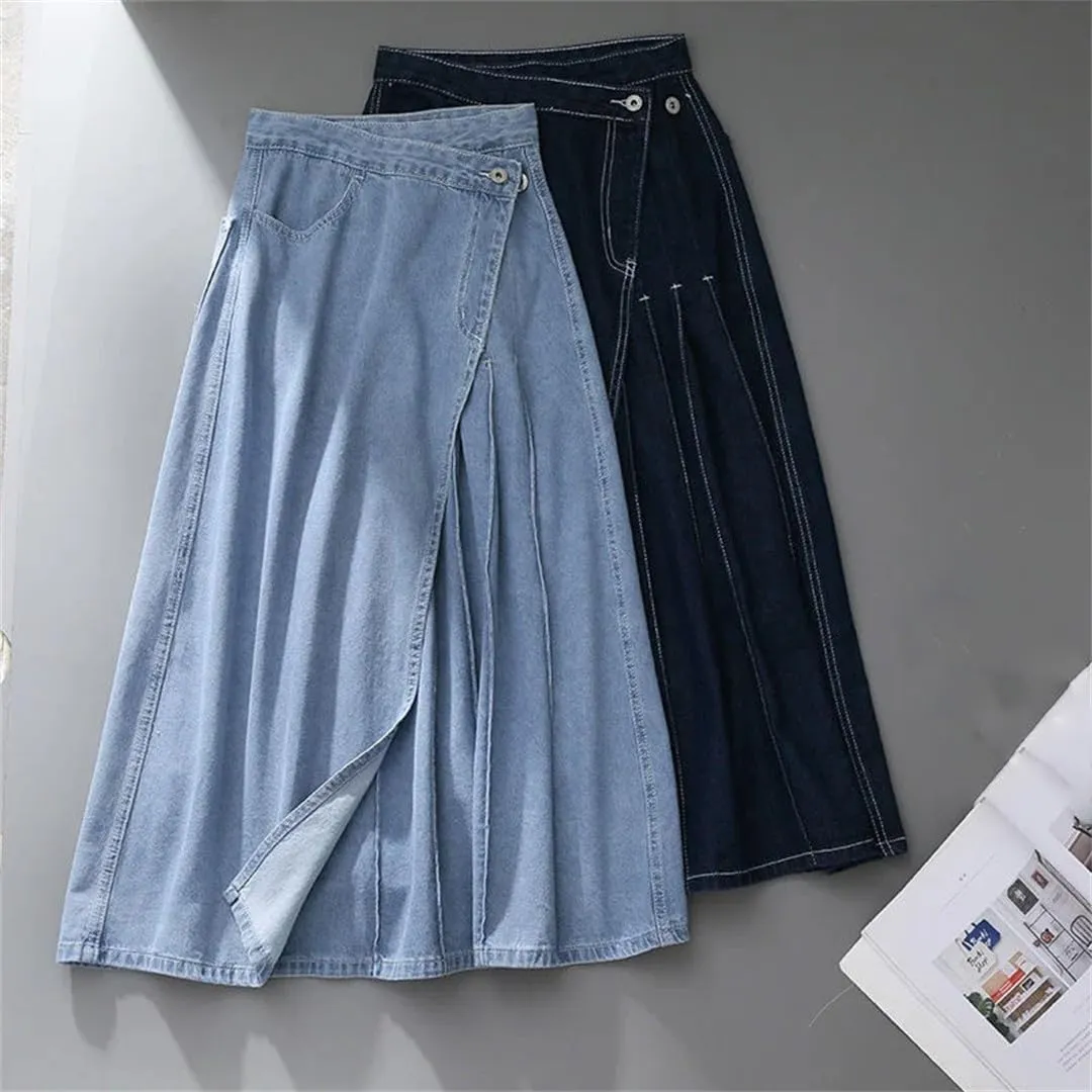 Korean Retro Long Maxi Denim Skirts High Waist Pockets Split Pleated Jeans Skirts