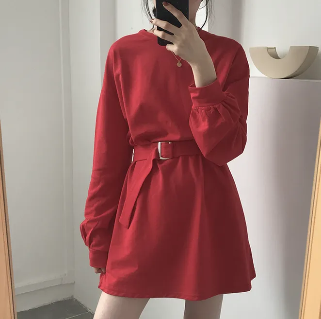 [Korean Style] 7 Color Casual Belted Mini Dress
