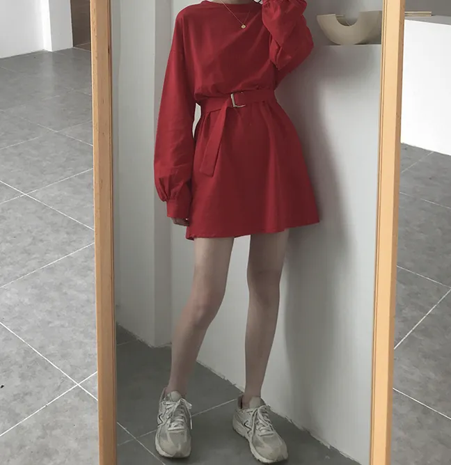 [Korean Style] 7 Color Casual Belted Mini Dress