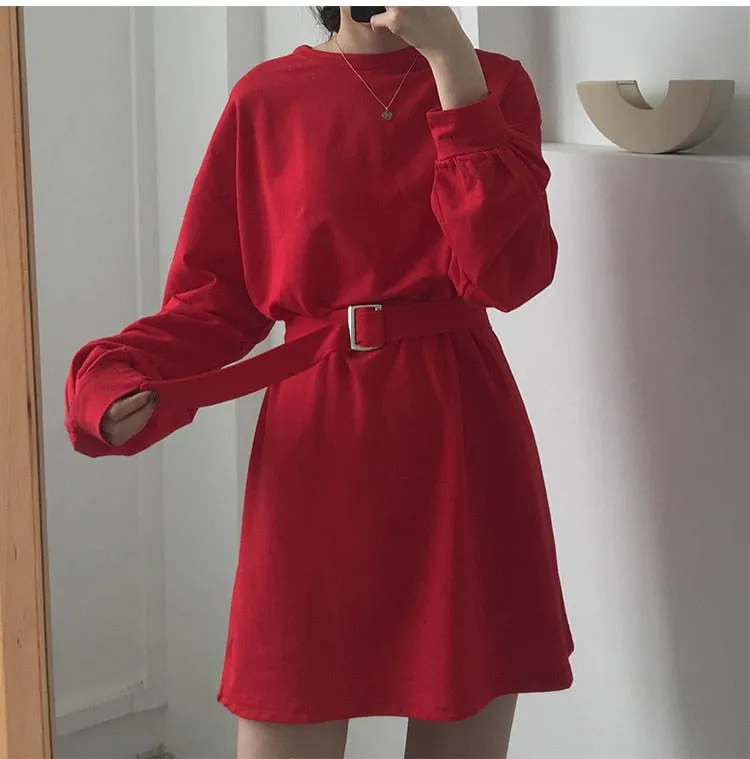 [Korean Style] 7 Color Casual Belted Mini Dress