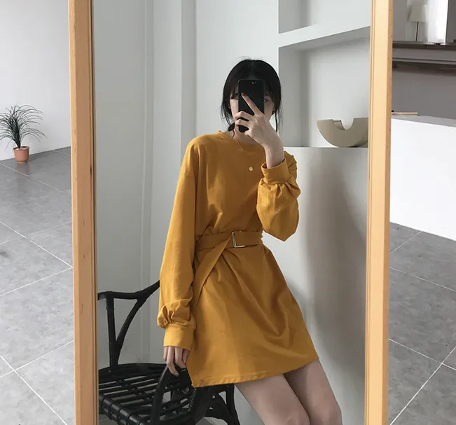 [Korean Style] 7 Color Casual Belted Mini Dress