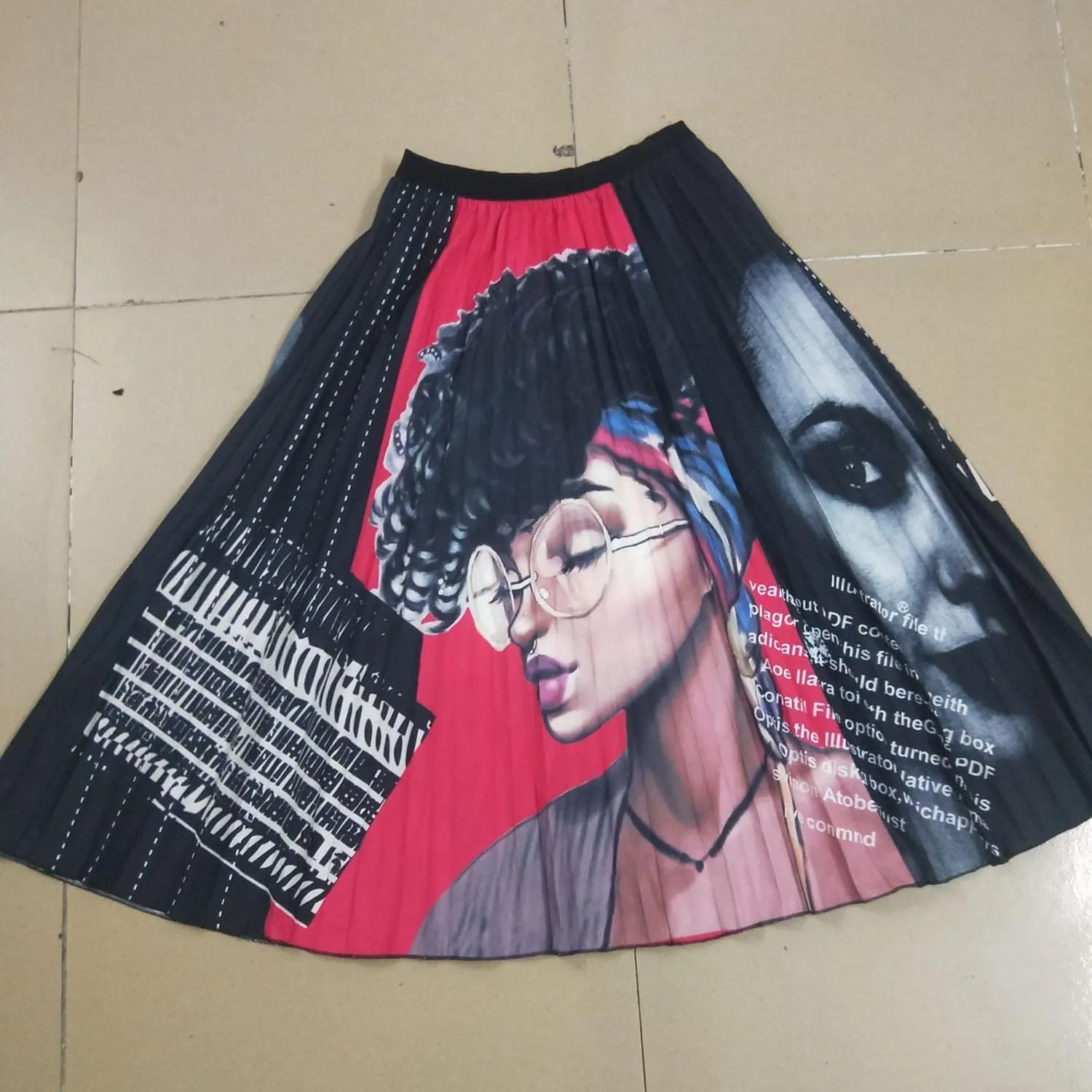 KUFV Women's Floral Graffiti Pleated Long Skirts Vintage Cartoon Printed Elastic Waist A-Line Swing Midi Skirt