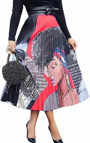 KUFV Women's Floral Graffiti Pleated Long Skirts Vintage Cartoon Printed Elastic Waist A-Line Swing Midi Skirt