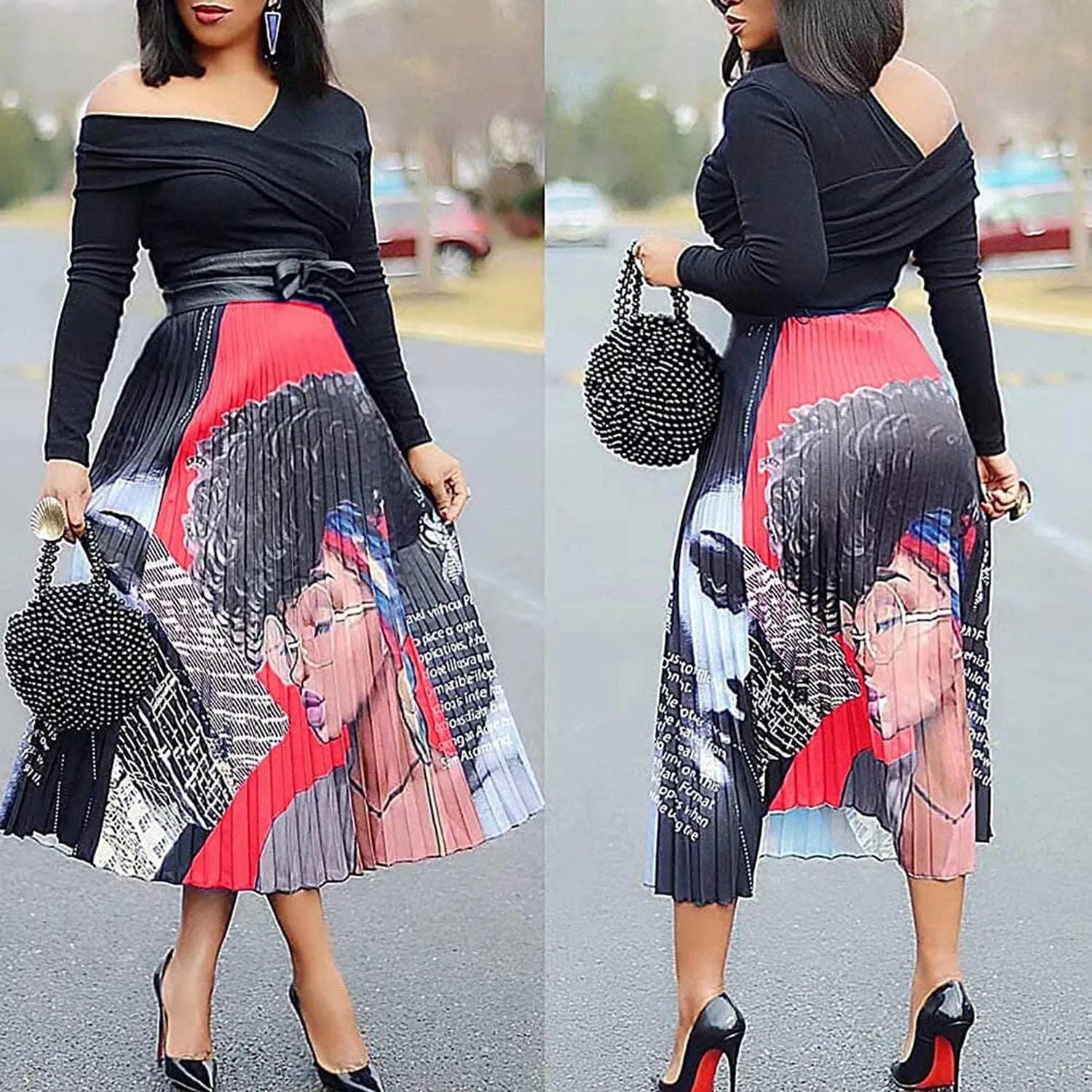 KUFV Women's Floral Graffiti Pleated Long Skirts Vintage Cartoon Printed Elastic Waist A-Line Swing Midi Skirt
