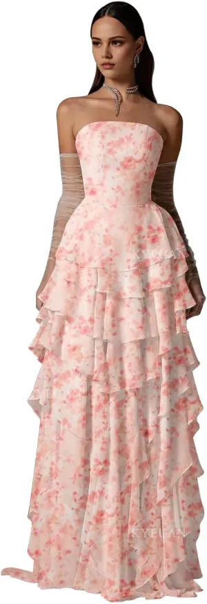 Kyeuan Strapless Tiered Prom Dresses for Women Chiffon Ruffles Formal Evening Gowns Sleeveless Corset Bridesmaid Dresses Long