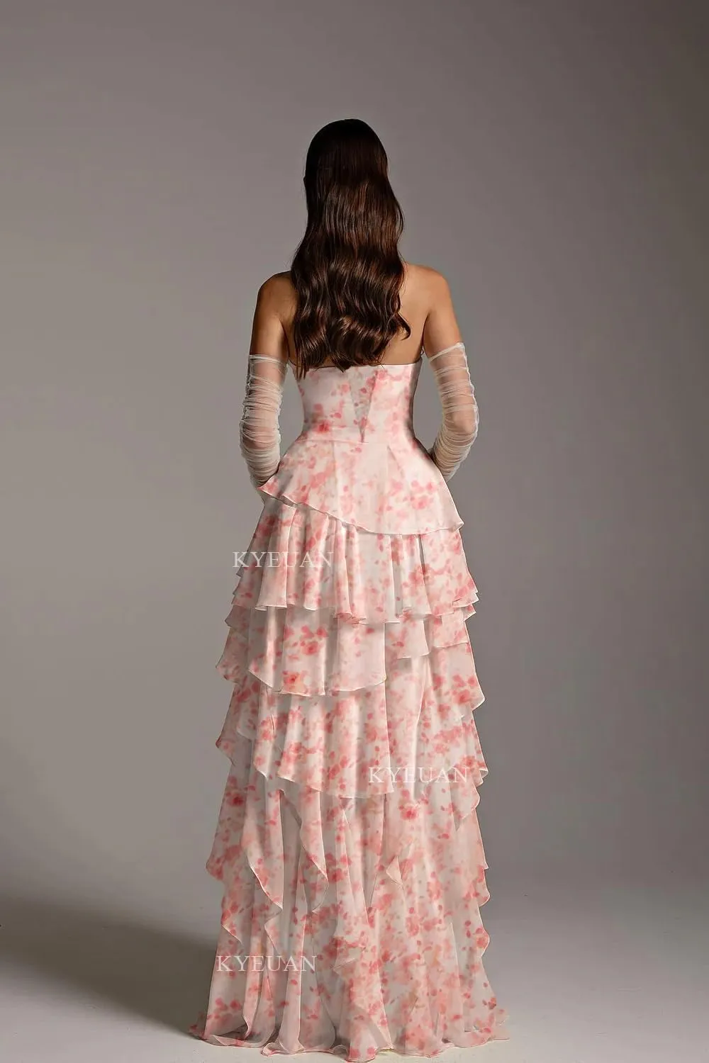 Kyeuan Strapless Tiered Prom Dresses for Women Chiffon Ruffles Formal Evening Gowns Sleeveless Corset Bridesmaid Dresses Long