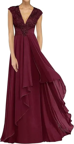 Lace Sleeveless Mother of The Bride Dresses for Wedding Long V Neck Chiffon Wedding Guest Dresses for Women