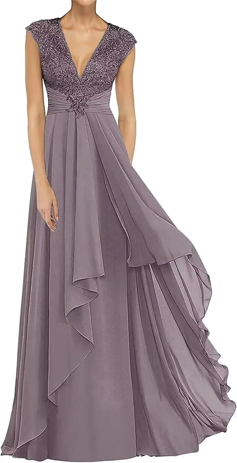 Lace Sleeveless Mother of The Bride Dresses for Wedding Long V Neck Chiffon Wedding Guest Dresses for Women