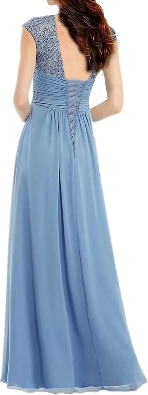 Lace Sleeveless Mother of The Bride Dresses for Wedding Long V Neck Chiffon Wedding Guest Dresses for Women