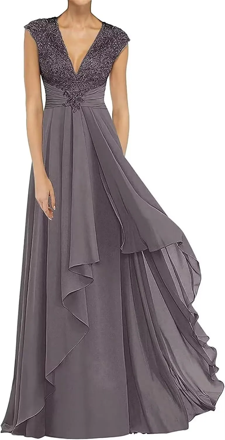 Lace Sleeveless Mother of The Bride Dresses for Wedding Long V Neck Chiffon Wedding Guest Dresses for Women