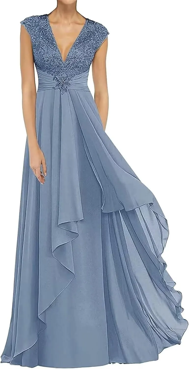 Lace Sleeveless Mother of The Bride Dresses for Wedding Long V Neck Chiffon Wedding Guest Dresses for Women