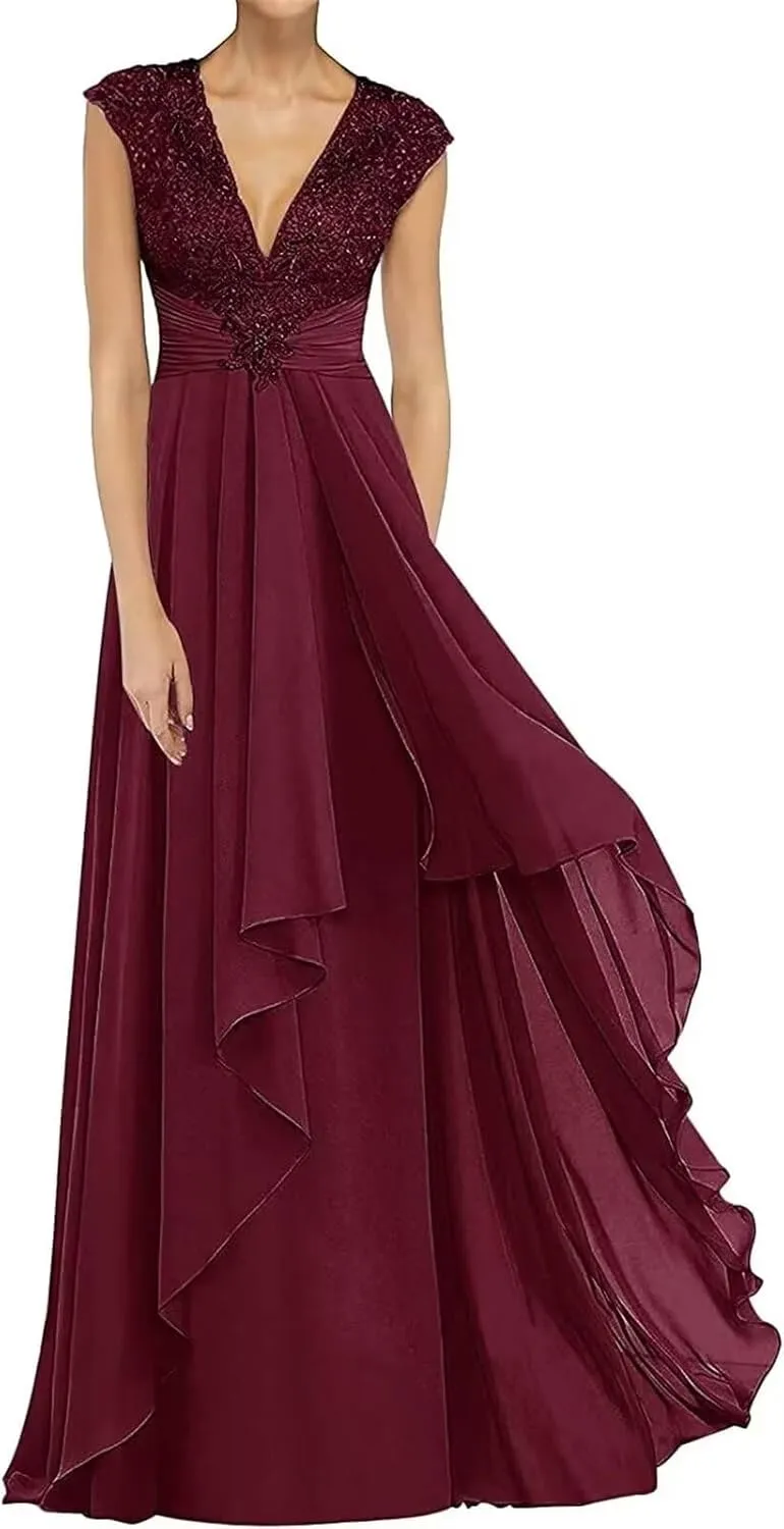 Lace Sleeveless Mother of The Bride Dresses for Wedding Long V Neck Chiffon Wedding Guest Dresses for Women