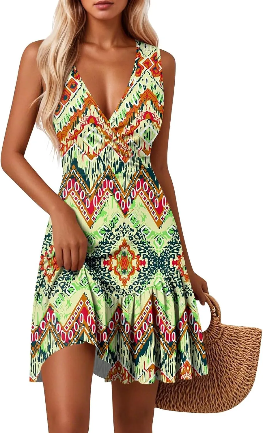 Ladies Dressy Dresses Sleeveless Sundress Floral V Neck Knee Length A-Line Beach Ruffle Hem Pleated Dress