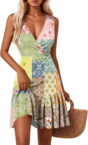 Ladies Dressy Dresses Sleeveless Sundress Floral V Neck Knee Length A-Line Beach Ruffle Hem Pleated Dress