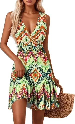 Ladies Dressy Dresses Sleeveless Sundress Floral V Neck Knee Length A-Line Beach Ruffle Hem Pleated Dress