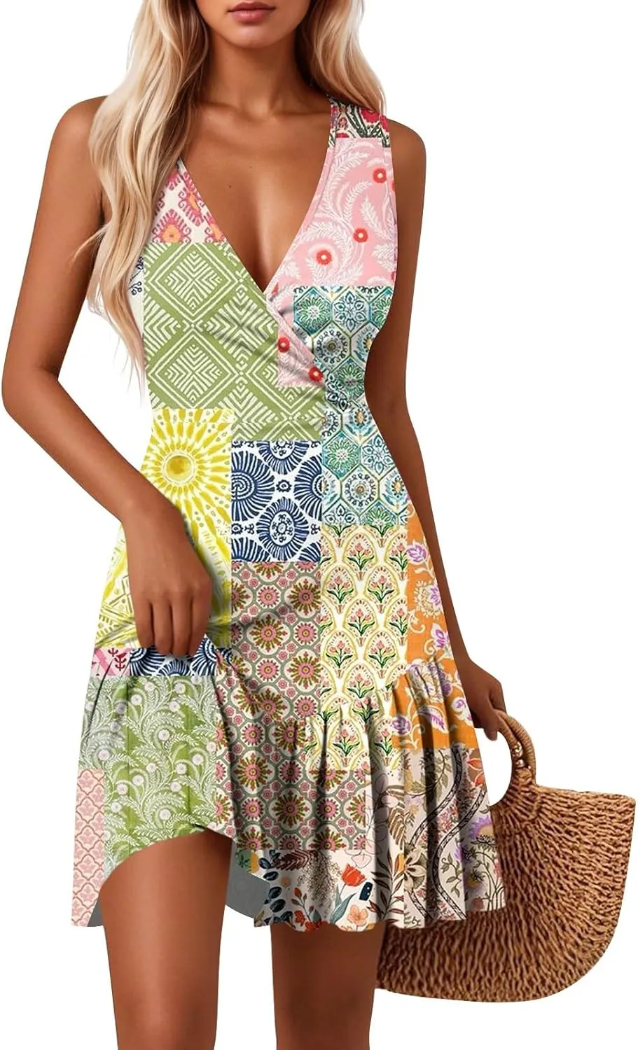 Ladies Dressy Dresses Sleeveless Sundress Floral V Neck Knee Length A-Line Beach Ruffle Hem Pleated Dress