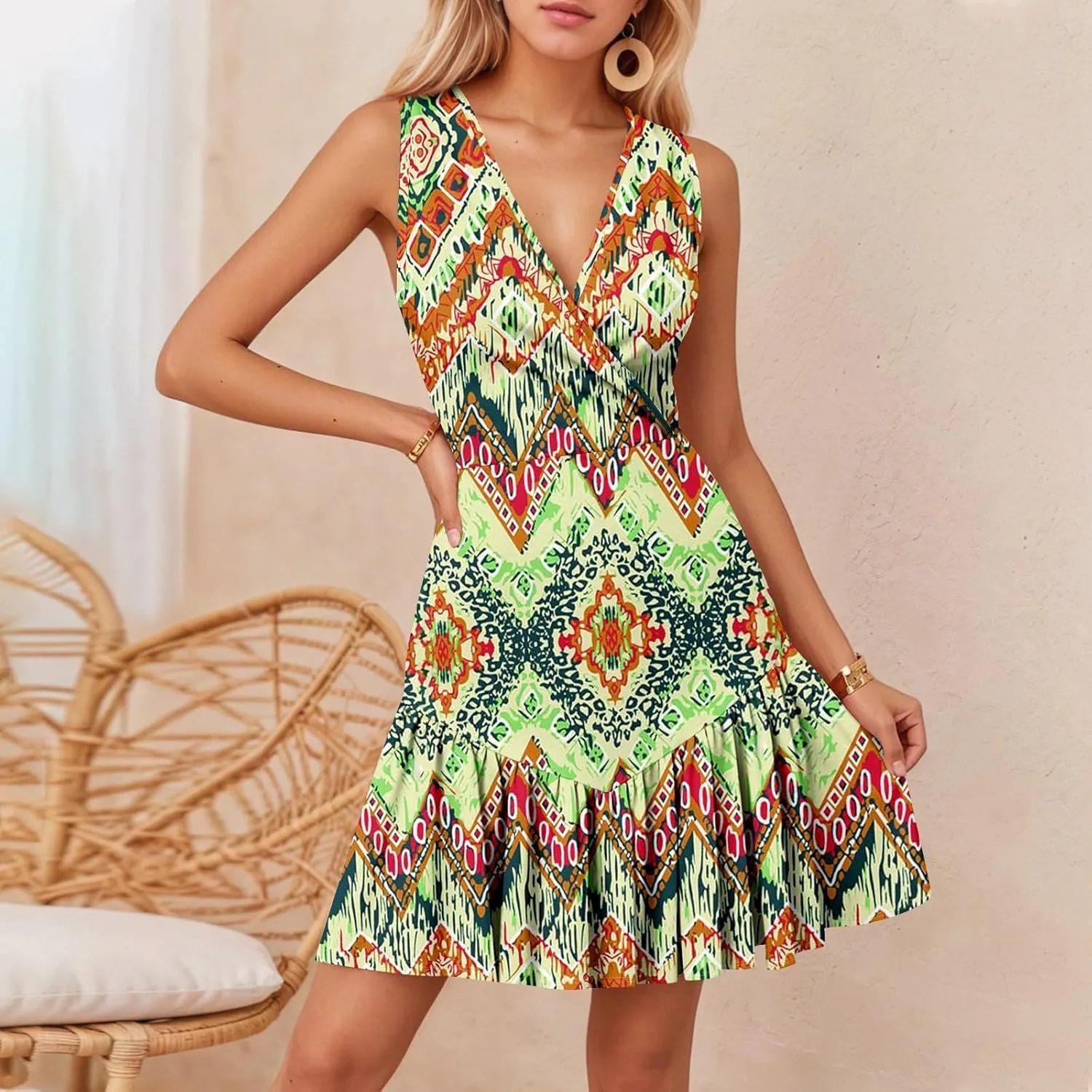Ladies Dressy Dresses Sleeveless Sundress Floral V Neck Knee Length A-Line Beach Ruffle Hem Pleated Dress