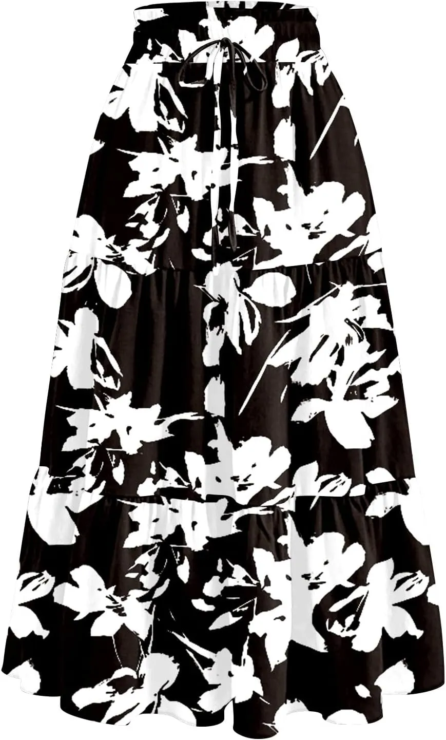 Ladies Skirts High Waist Flowy A-Line Maxi Skirt Long Bohemian Skirt Summer