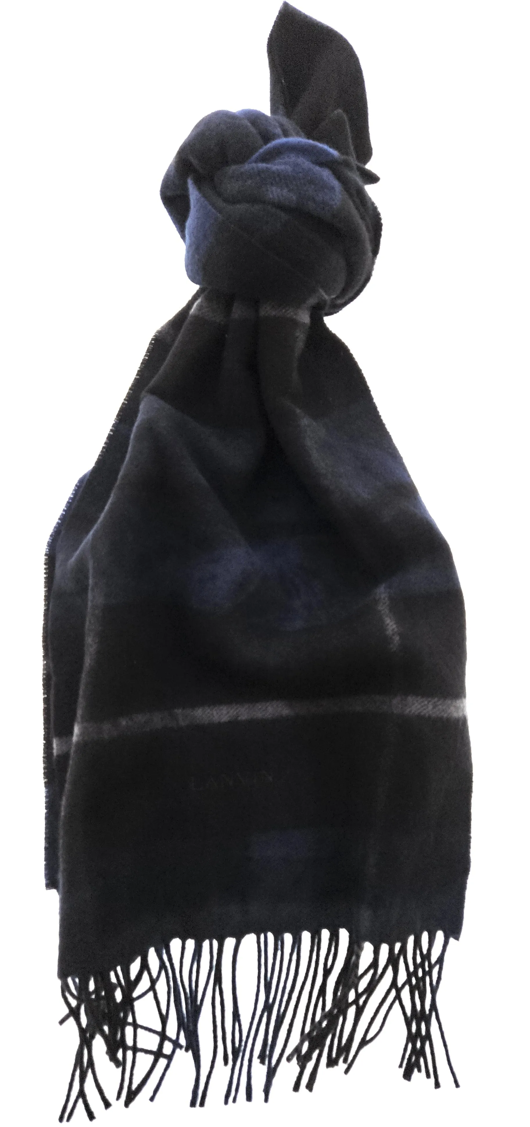 Lanvin Pure Wool Scarf – Plaid Black and Blue, Elegant Fringed Design