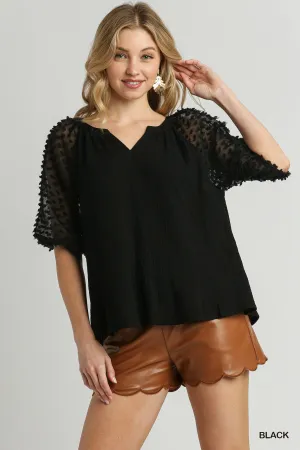 Lauren Floral Applique Detail Cuffed Puffed Sleeve Split Neck Top In Black