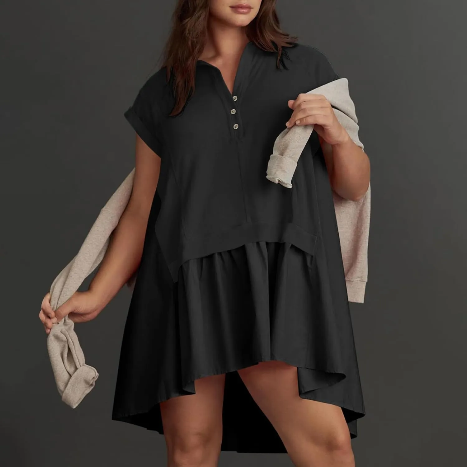 LEMONONSTORE Summer T Shirt Dress for Women Roll-Up Sleeve Ruffle Tunic Dress Button Lapel Neck Patchwork Party Mini Dresses